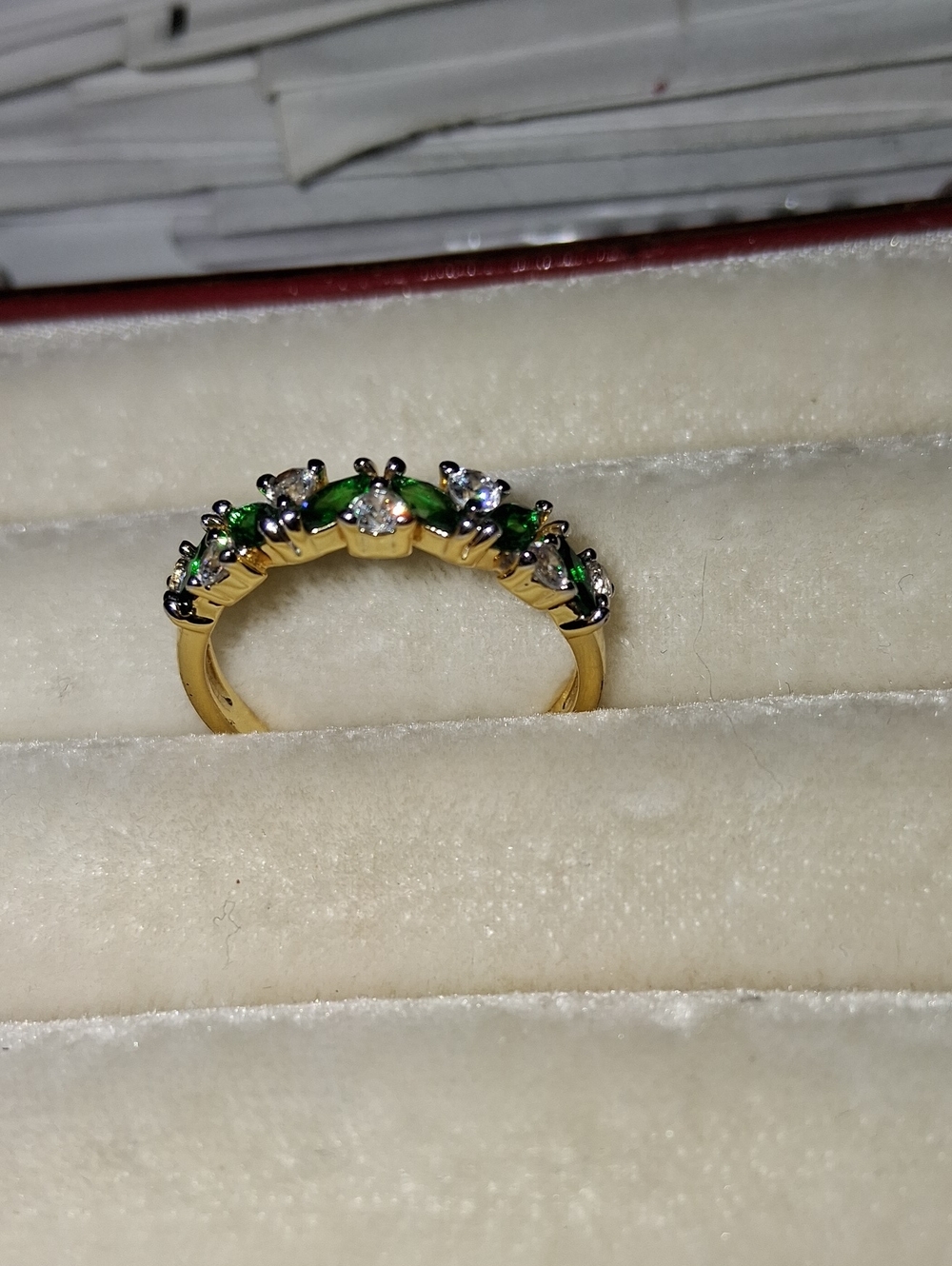 Source Unknown Gold Ring with Green and White Stones - Women's Jewelry
